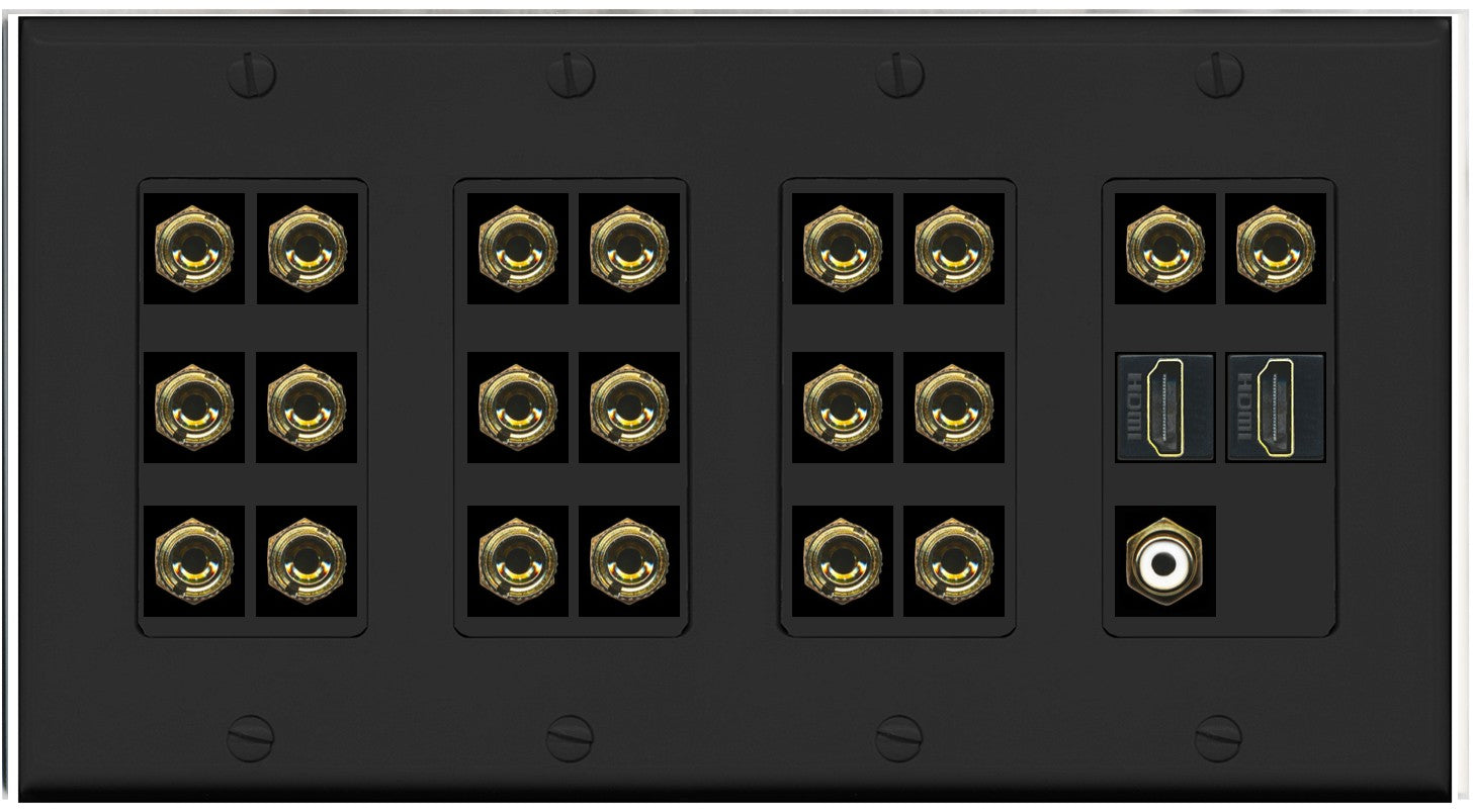 RiteAV 10.1 Surround Sound 10 Speaker 20 Banana Plug Jack Wall Plate w/RCA Subwoofer + 2 HDMI Female Connectors - 4 Gang [Black]