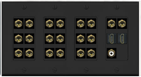 RiteAV 10.1 Surround Sound 10 Speaker 20 Banana Plug Jack Wall Plate w/RCA Subwoofer + 2 HDMI Female Connectors - 4 Gang [Black]