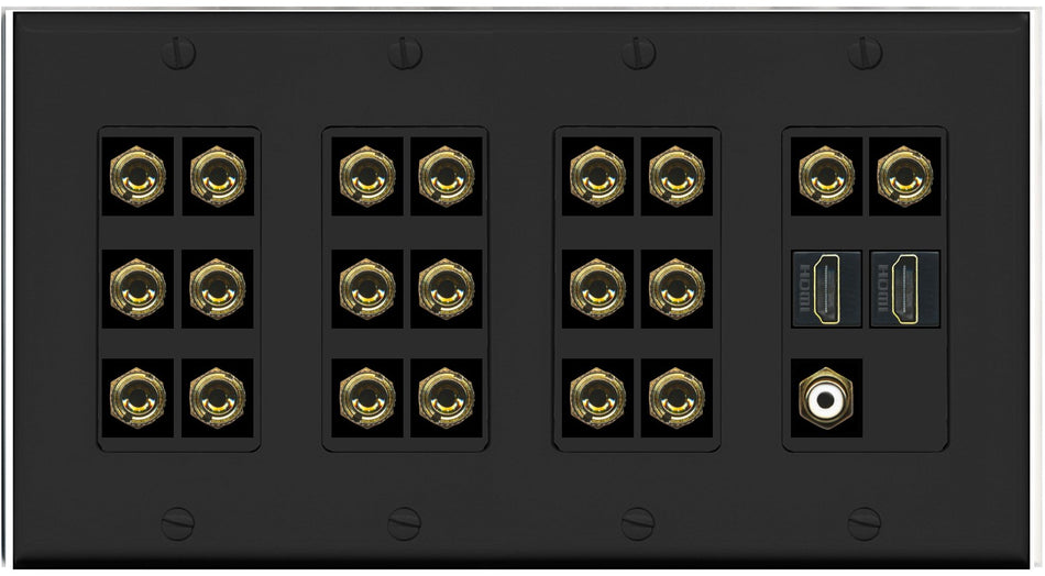 RiteAV 10.1 Surround Sound 10 Speaker 20 Banana Plug Jack Wall Plate w/RCA Subwoofer + 2 HDMI Female Connectors - 4 Gang [Black]