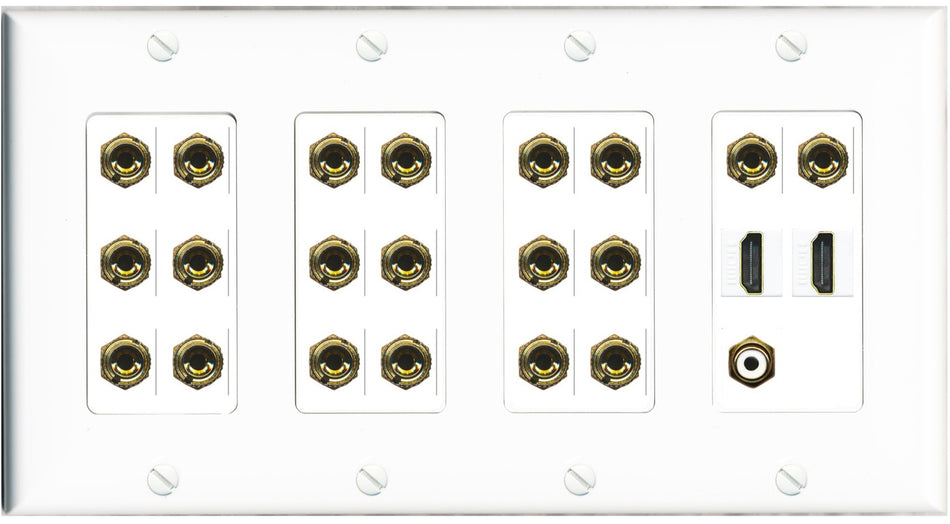 RiteAV 10.1 Surround Sound 10 Speaker 20 Banana Plug Jack Wall Plate w/RCA Subwoofer + 2 HDMI Female Connectors - 4 Gang [White]