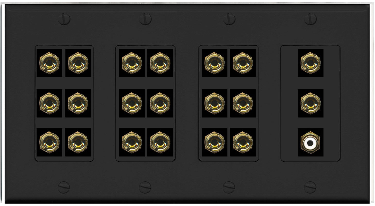 RiteAV 10.1 Surround Sound 10 Speaker 20 Banana Plug Jack Wall Plate w/RCA Subwoofer Female Connector - 4 Gang [Black]