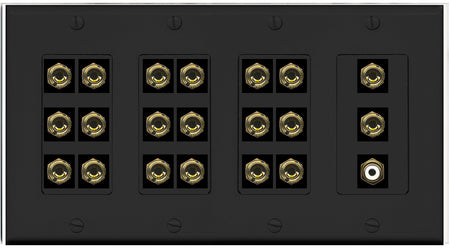 RiteAV 10.1 Surround Sound 10 Speaker 20 Banana Plug Jack Wall Plate w/RCA Subwoofer Female Connector - 4 Gang [Black]