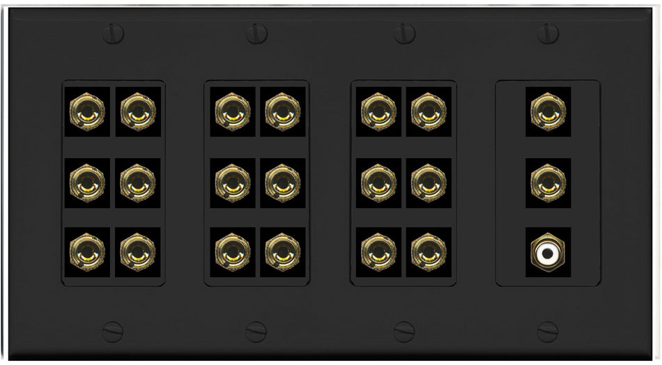 RiteAV 10.1 Surround Sound 10 Speaker 20 Banana Plug Jack Wall Plate w/RCA Subwoofer Female Connector - 4 Gang [Black]
