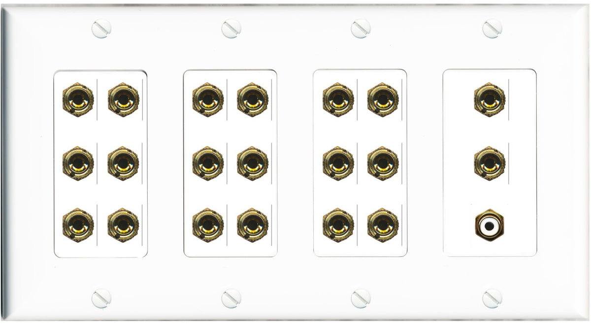 RiteAV 10.1 Surround Sound 10 Speaker 20 Banana Plug Jack Wall Plate w/RCA Subwoofer Female Connector - 4 Gang [White]
