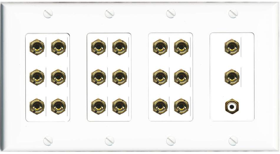 RiteAV 10.1 Surround Sound 10 Speaker 20 Banana Plug Jack Wall Plate w/RCA Subwoofer Female Connector - 4 Gang [White]