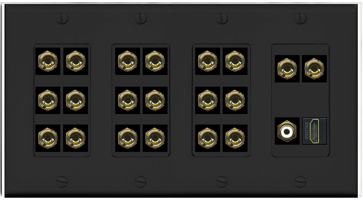 RiteAV 10.1 Surround Sound 10 Speaker 20 Banana Plug Jack Wall Plate w/RCA Subwoofer + HDMI Female Connectors - 4 Gang [Black]