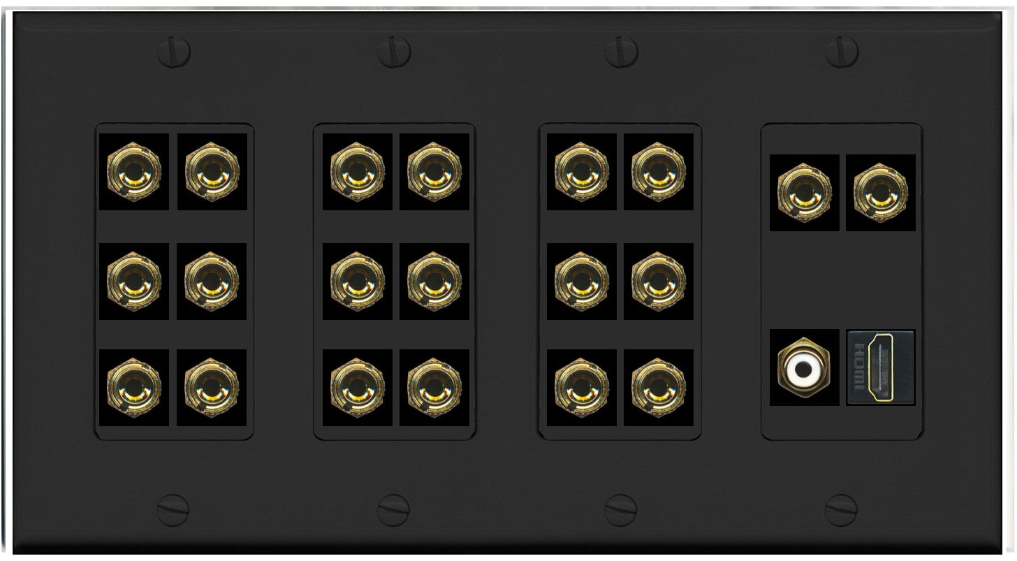 RiteAV 10.1 Surround Sound 10 Speaker 20 Banana Plug Jack Wall Plate w/RCA Subwoofer + HDMI Female Connectors - 4 Gang [Black]