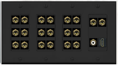 RiteAV 10.1 Surround Sound 10 Speaker 20 Banana Plug Jack Wall Plate w/RCA Subwoofer + HDMI Female Connectors - 4 Gang [Black]