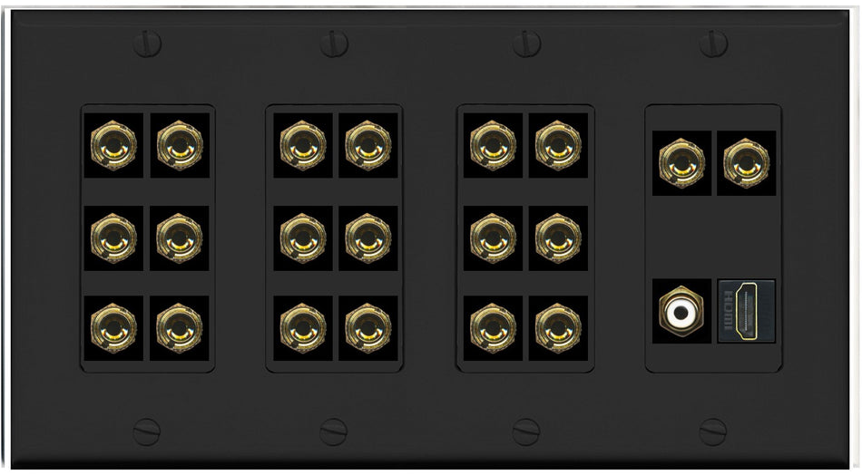 RiteAV 10.1 Surround Sound 10 Speaker 20 Banana Plug Jack Wall Plate w/RCA Subwoofer + HDMI Female Connectors - 4 Gang [Black]