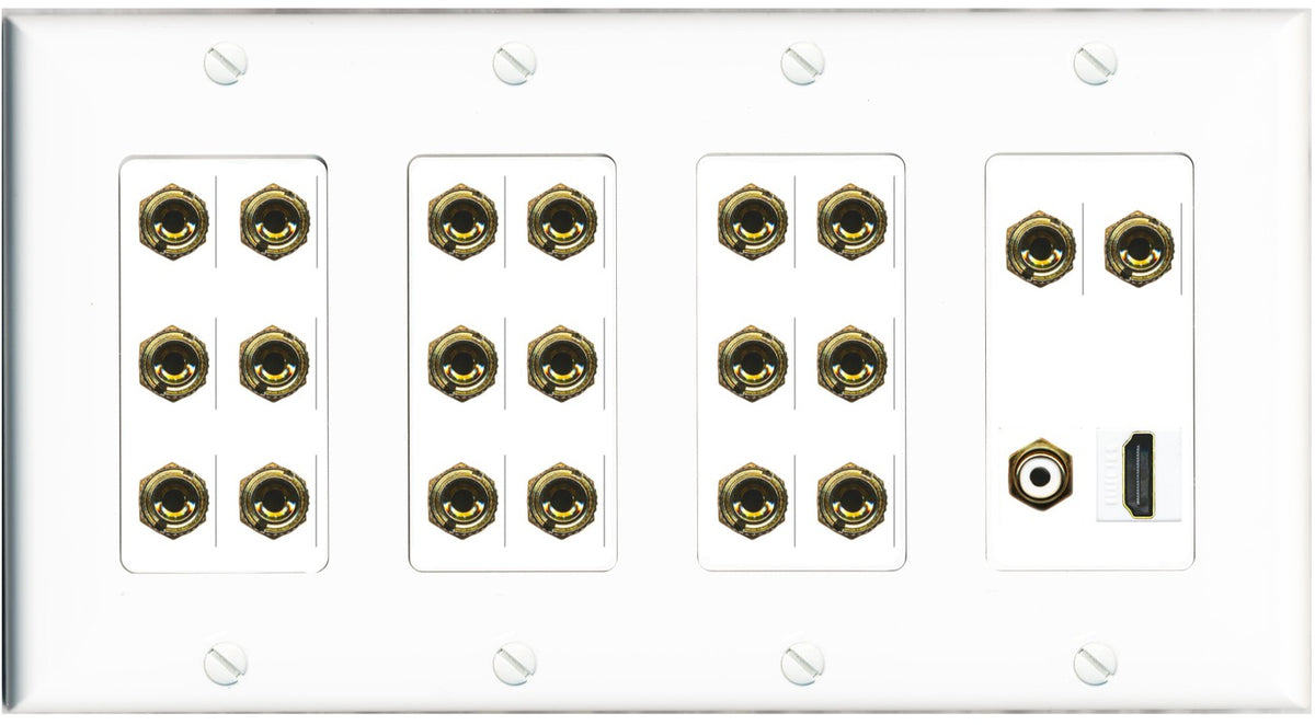 RiteAV 10.1 Surround Sound 10 Speaker 20 Banana Plug Jack Wall Plate w/RCA Subwoofer + HDMI Female Connectors - 4 Gang [White]