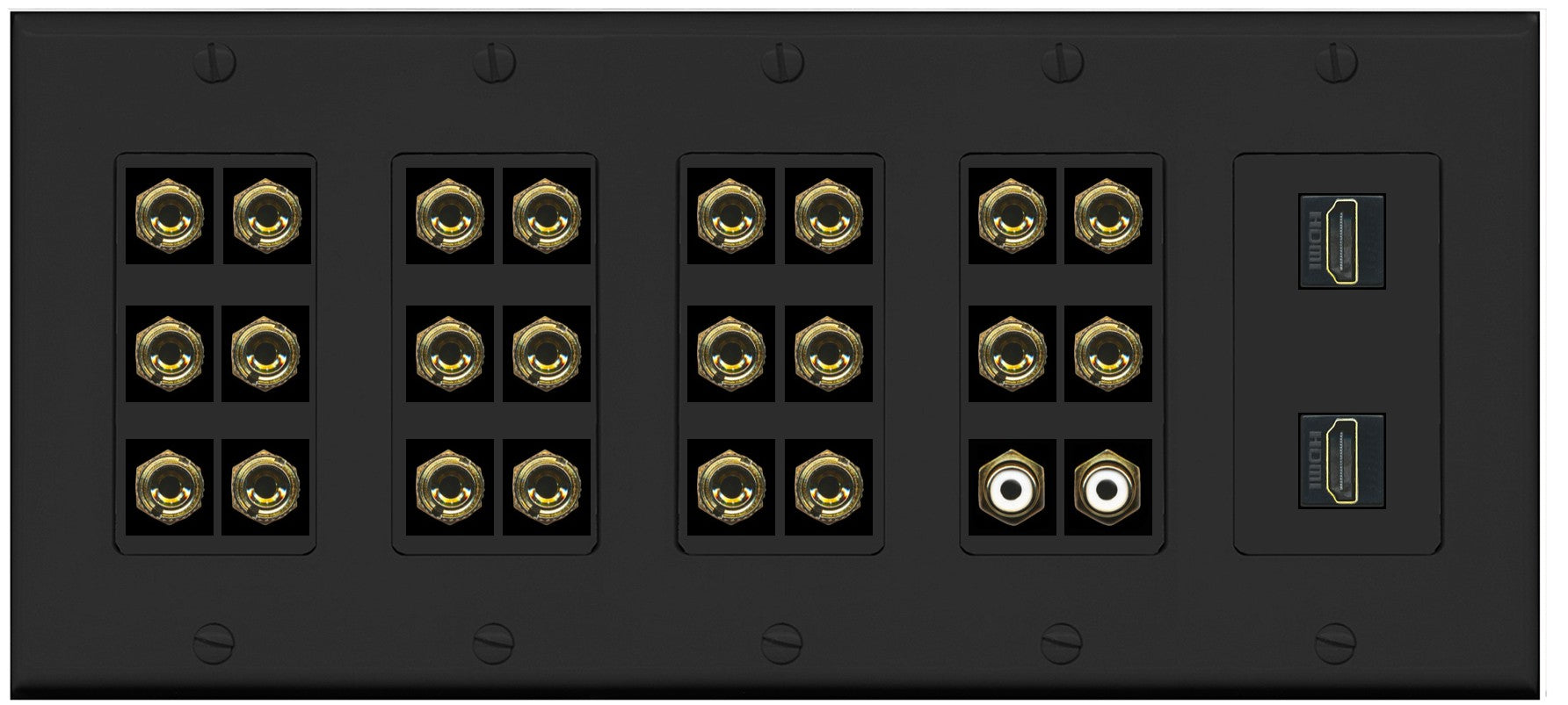 RiteAV 11.2 Surround Sound 11 Speaker 22 Banana Plug Jack Wall Plate w/ 2 RCA Subwoofer + 2 HDMI Female Connectors - 5 Gang [Black]