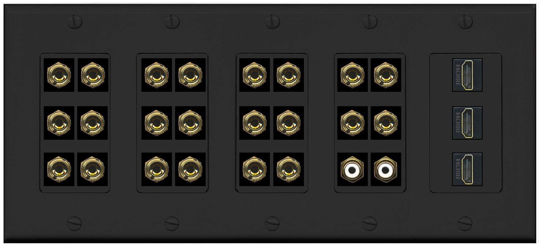 RiteAV 11.2 Surround Sound 11 Speaker 22 Banana Plug Jack Wall Plate w/ 2 RCA Subwoofer + 3 HDMI Female Connectors - 5 Gang [Black]