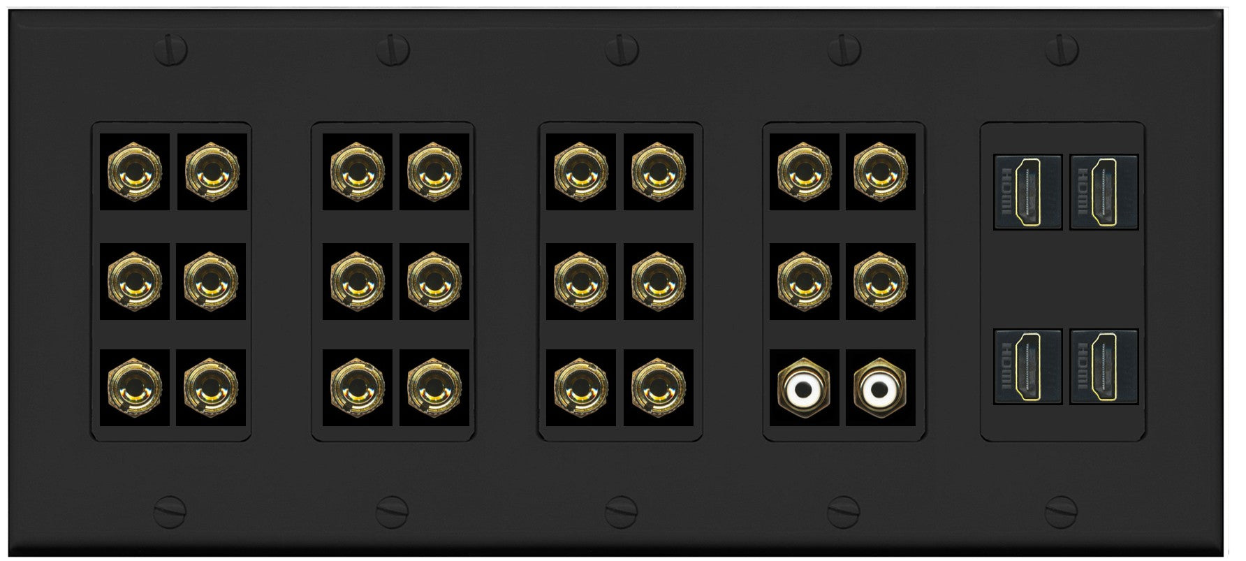 RiteAV 11.2 Surround Sound 11 Speaker 22 Banana Plug Jack Wall Plate w/ 2 RCA Subwoofer + 4 HDMI Female Connectors - 5 Gang [Black]