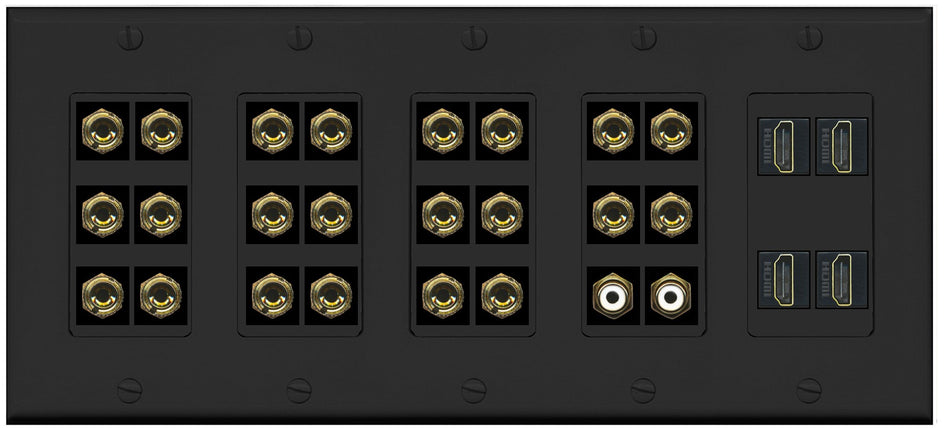 RiteAV 11.2 Surround Sound 11 Speaker 22 Banana Plug Jack Wall Plate w/ 2 RCA Subwoofer + 4 HDMI Female Connectors - 5 Gang [Black]
