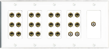 RiteAV 11.3 Surround Sound Speaker 22 Banana Port Wall Plate w/3 x RCA Subwoofer Female Connector - 5 Gang [White]