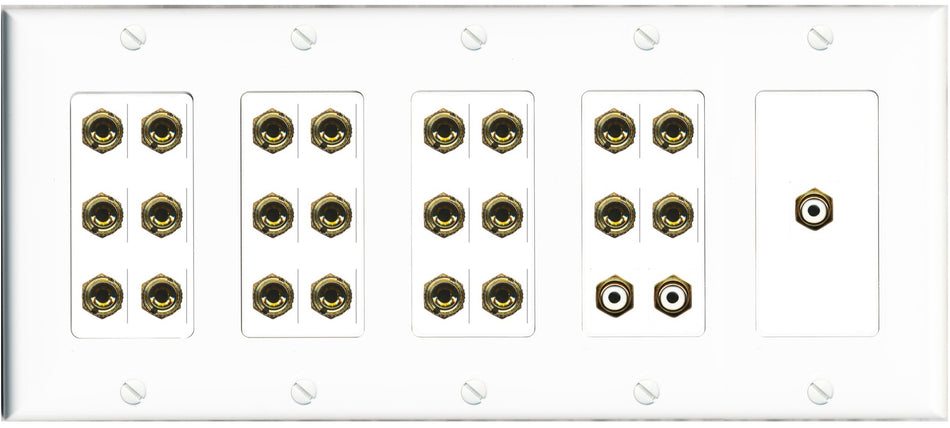 RiteAV 11.3 Surround Sound Speaker 22 Banana Port Wall Plate w/3 x RCA Subwoofer Female Connector - 5 Gang [White]