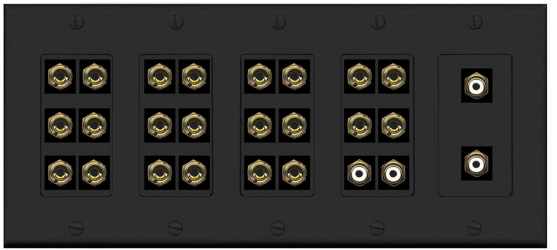 RiteAV 11.4 Surround Sound Speaker 22 Banana Port Wall Plate w/4 x RCA Subwoofer Female Connector - 5 Gang [Black]