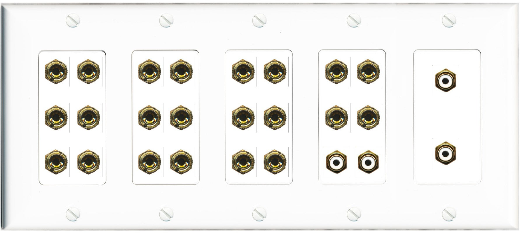 RiteAV 11.4 Surround Sound Speaker 22 Banana Port Wall Plate w/4 x RCA Subwoofer Female Connector - 5 Gang [White]