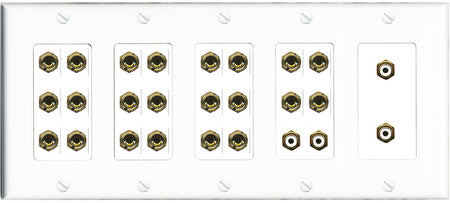 RiteAV 11.4 Surround Sound Speaker 22 Banana Port Wall Plate w/4 x RCA Subwoofer Female Connector - 5 Gang [White]