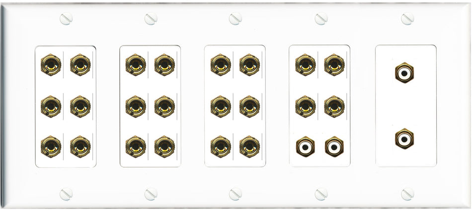 RiteAV 11.4 Surround Sound Speaker 22 Banana Port Wall Plate w/4 x RCA Subwoofer Female Connector - 5 Gang [White]