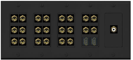 RiteAV 11.1 Surround Sound 11 Speaker 22 Banana Plug Jack Wall Plate w/RCA Subwoofer + 2 HDMI Female Connectors - 5 Gang [Black]