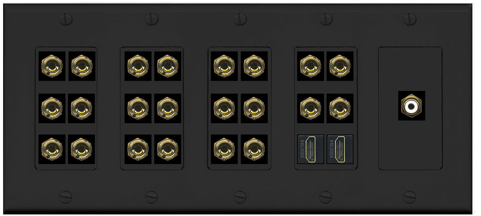 RiteAV 11.1 Surround Sound 11 Speaker 22 Banana Plug Jack Wall Plate w/RCA Subwoofer + 2 HDMI Female Connectors - 5 Gang [Black]