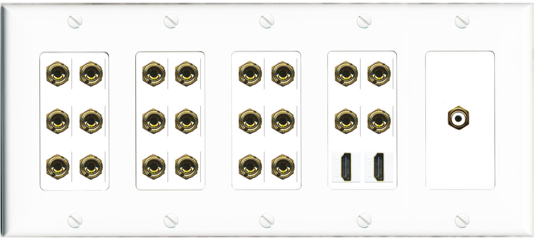 RiteAV 11.1 Surround Sound 11 Speaker 22 Banana Plug Jack Wall Plate w/RCA Subwoofer + 2 HDMI Female Connectors - 5 Gang [White]