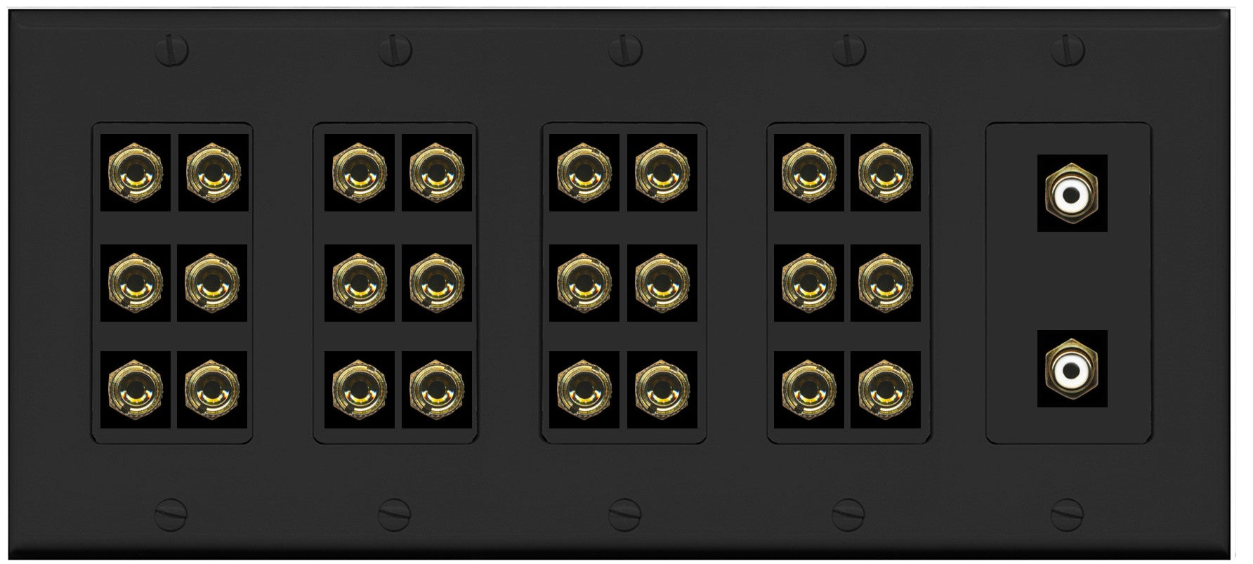 RiteAV 12.2 Surround Sound 12 Speaker 24 Banana Port Wall Plate w/2 x RCA Subwoofer Female Connectors - 5 Gang [Black]