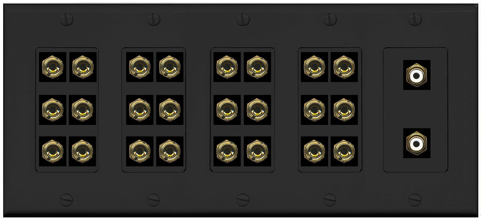 RiteAV 12.2 Surround Sound 12 Speaker 24 Banana Port Wall Plate w/2 x RCA Subwoofer Female Connectors - 5 Gang [Black]