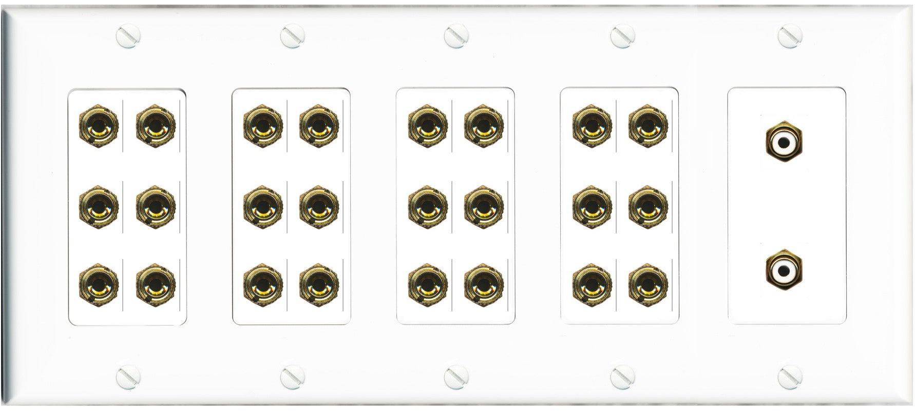 RiteAV 12.2 Surround Sound 12 Speaker 24 Banana Port Wall Plate w/2 x RCA Subwoofer Female Connectors - 5 Gang [White]