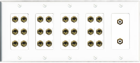 RiteAV 12.2 Surround Sound 12 Speaker 24 Banana Port Wall Plate w/2 x RCA Subwoofer Female Connectors - 5 Gang [White]