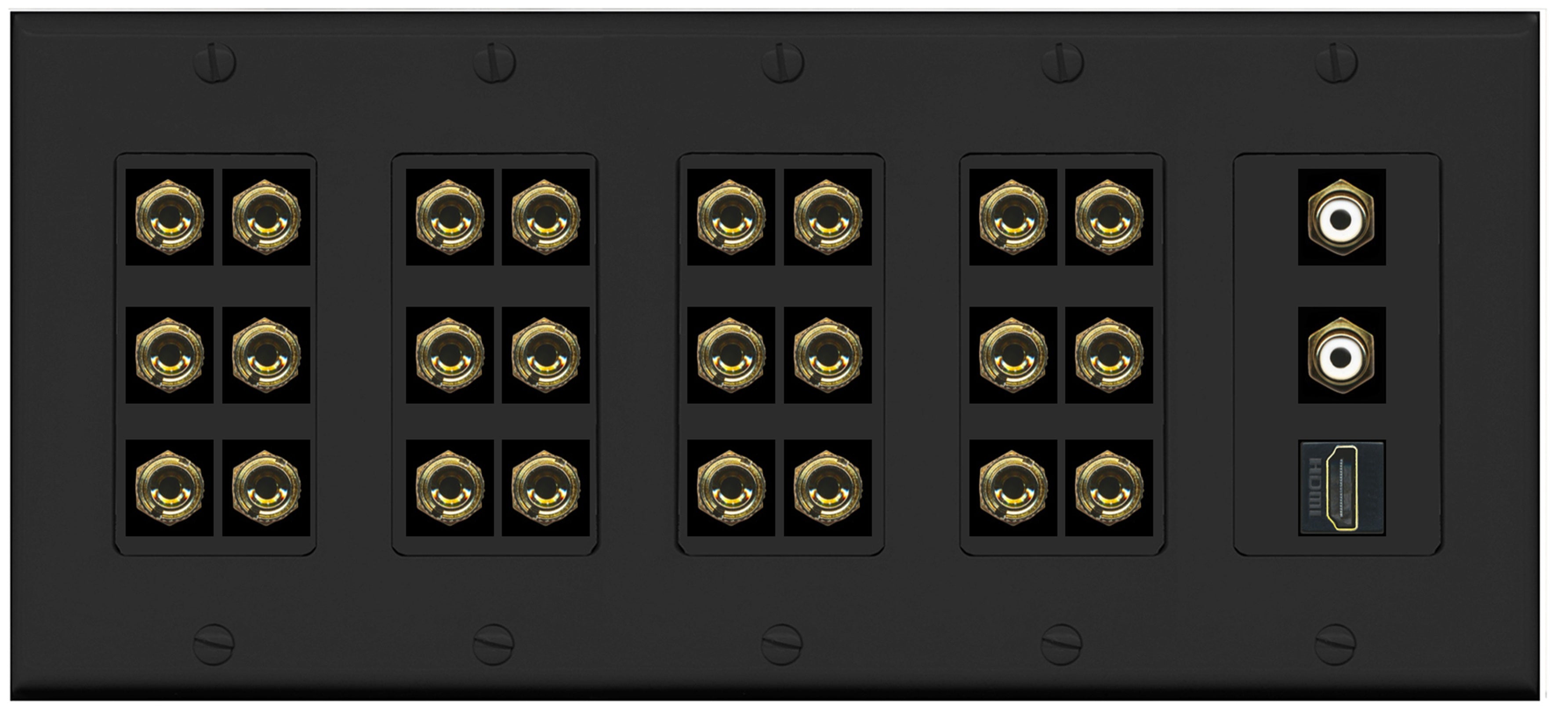 RiteAV 12.2 Surround Sound 12 Speaker 24 Banana Plug Jack Wall Plate w/ 2 RCA Subwoofer + 1 HDMI Female Connectors - 5 Gang [Black]