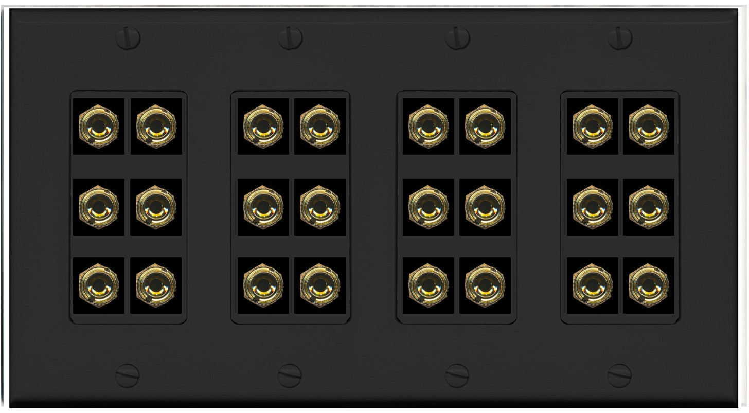 RiteAV 12.0 Surround Sound Speaker 24 Banana Wall Plate Female Connectors - 4 Gang [Black]