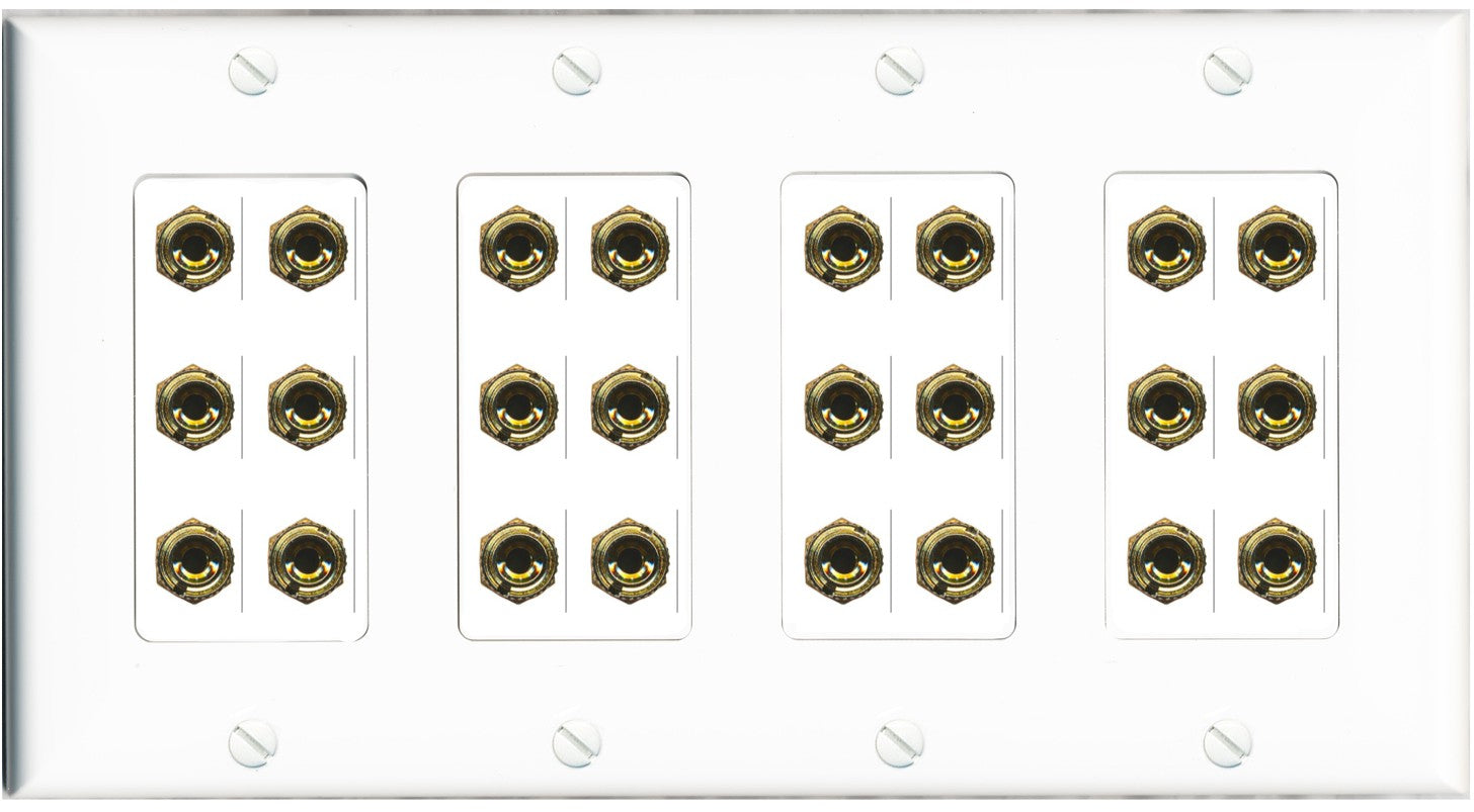RiteAV 12.0 Surround Sound Speaker 24 Banana Wall Plate Female Connectors - 4 Gang [White]