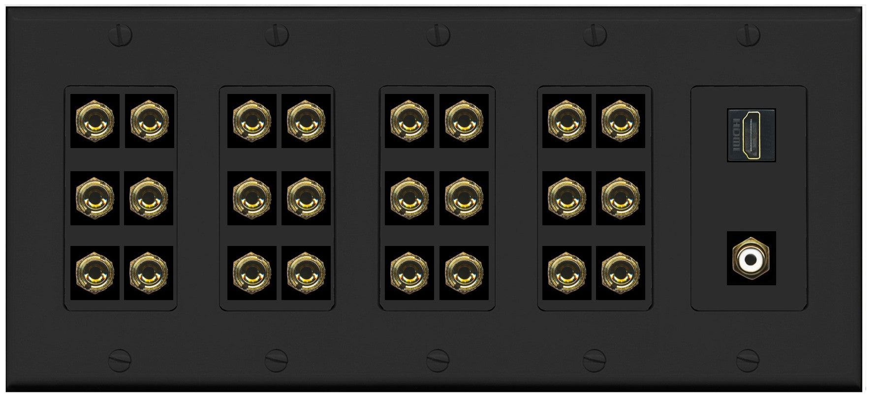 RiteAV 12.1 Surround Sound 12 Speaker 24 Banana Wall Plate with HDMI and RCA Female to Female Connectors - 5 Gang [Black]