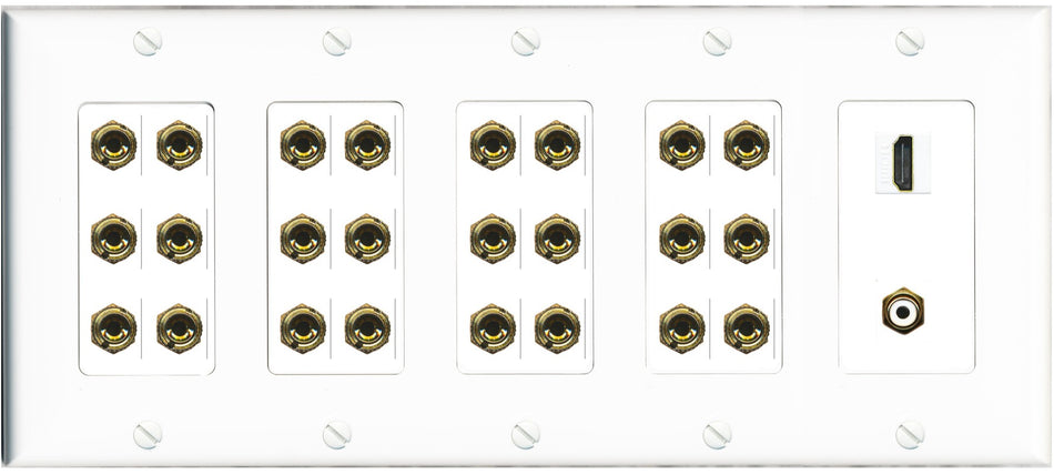 RiteAV 12.1 Surround Sound 12 Speaker 24 Banana Wall Plate with HDMI and RCA Female to Female Connectors - 5 Gang [White]