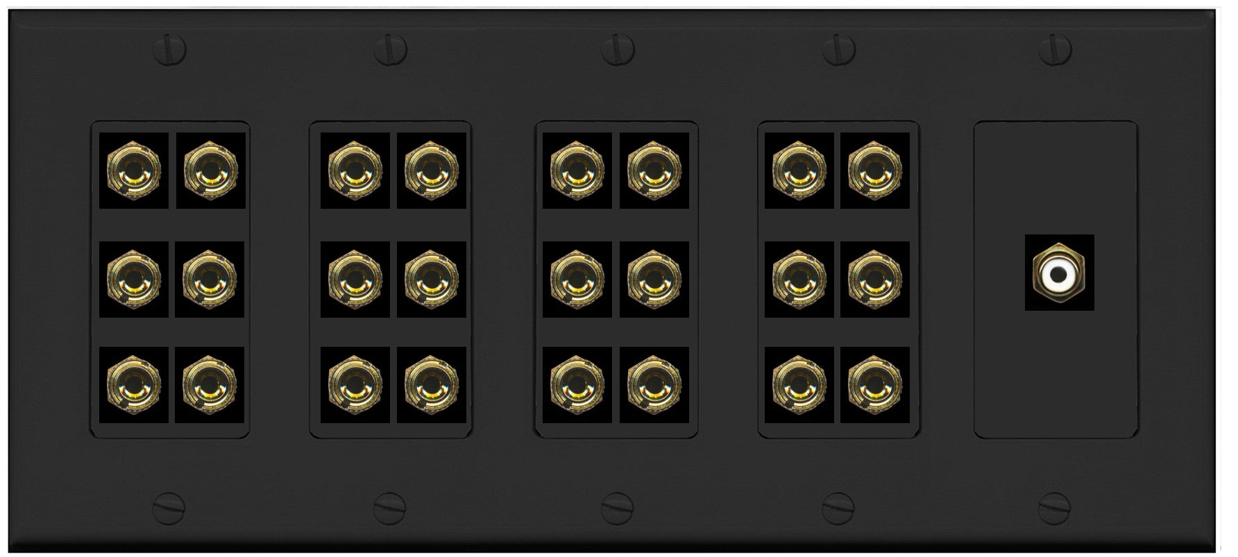 RiteAV 12.1 Surround Sound 12 Speaker 24 Banana Port Wall Plate w/RCA Subwoofer Female Connector - 5 Gang [Black]
