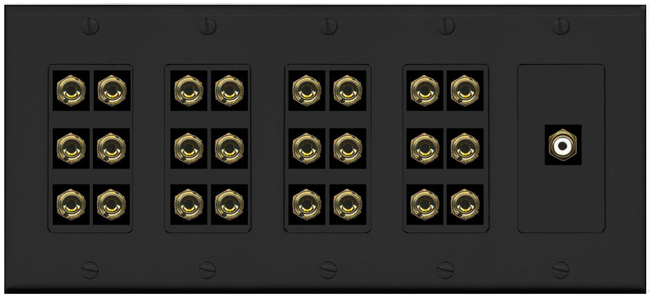 RiteAV 12.1 Surround Sound 12 Speaker 24 Banana Port Wall Plate w/RCA Subwoofer Female Connector - 5 Gang [Black]