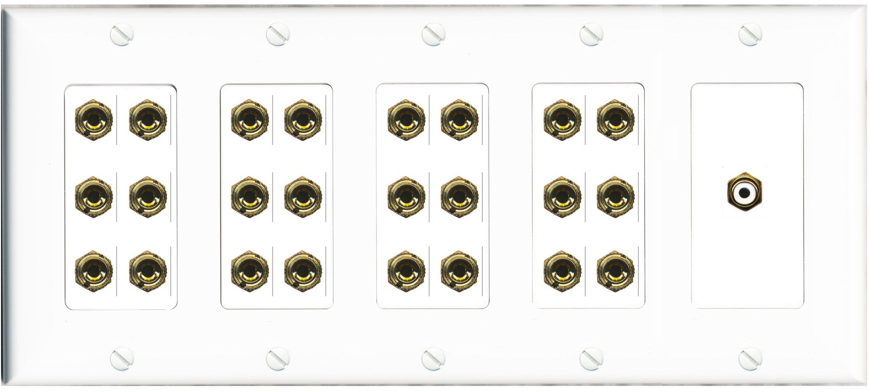 RiteAV 12.1 Surround Sound 12 Speaker 24 Banana Port Wall Plate w/RCA Subwoofer Female Connector - 5 Gang [White]