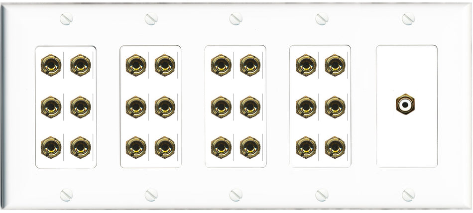 RiteAV 12.1 Surround Sound 12 Speaker 24 Banana Port Wall Plate w/RCA Subwoofer Female Connector - 5 Gang [White]