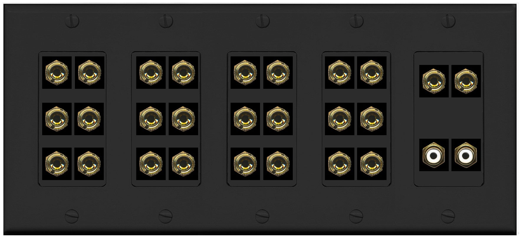 RiteAV 13.2 Surround Sound 13 Speaker 24 Banana Port Wall Plate w/2 x RCA Subwoofer Female Connectors - 5 Gang [Black]