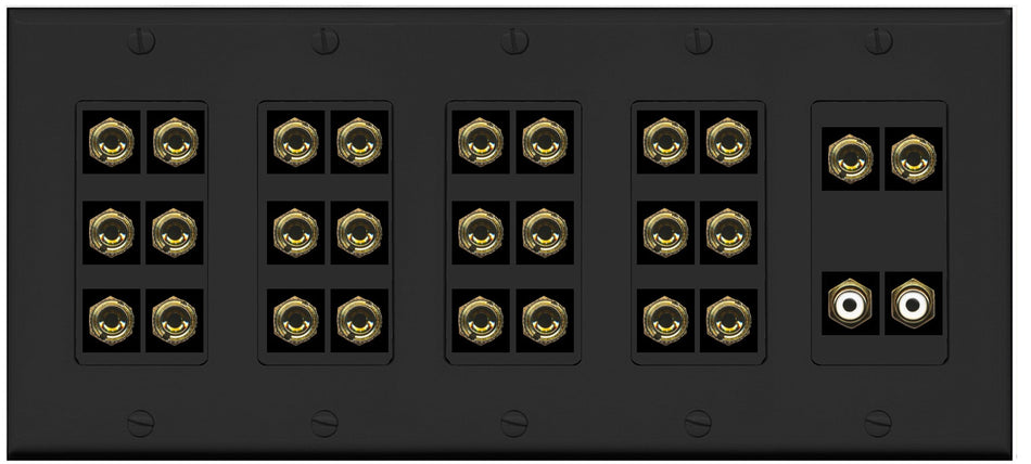 RiteAV 13.2 Surround Sound 13 Speaker 24 Banana Port Wall Plate w/2 x RCA Subwoofer Female Connectors - 5 Gang [Black]