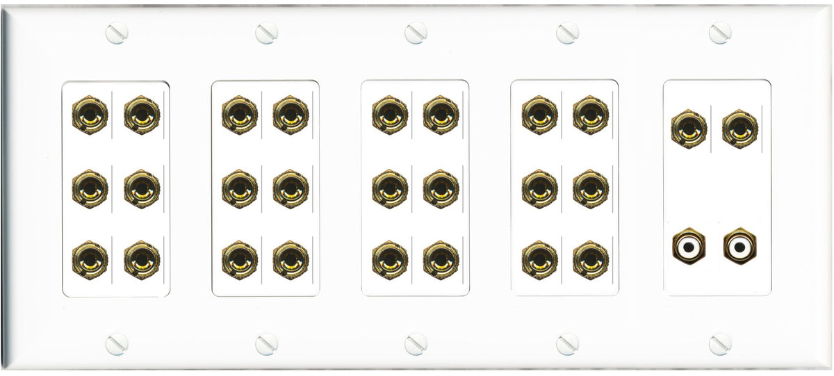 RiteAV 13.2 Surround Sound 13 Speaker 24 Banana Port Wall Plate w/2 x RCA Subwoofer Female Connectors - 5 Gang [White]