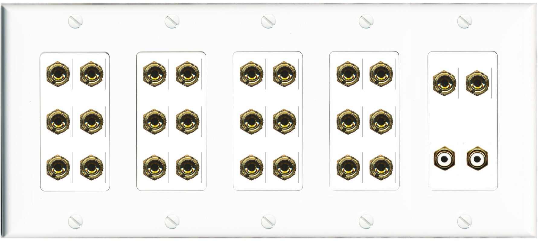 RiteAV 13.2 Surround Sound 13 Speaker 24 Banana Port Wall Plate w/2 x RCA Subwoofer Female Connectors - 5 Gang [White]