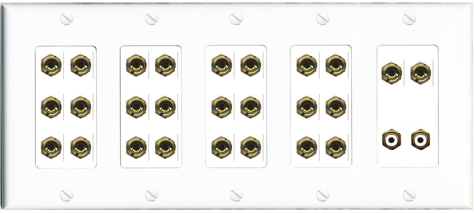 RiteAV 13.2 Surround Sound 13 Speaker 24 Banana Port Wall Plate w/2 x RCA Subwoofer Female Connectors - 5 Gang [White]