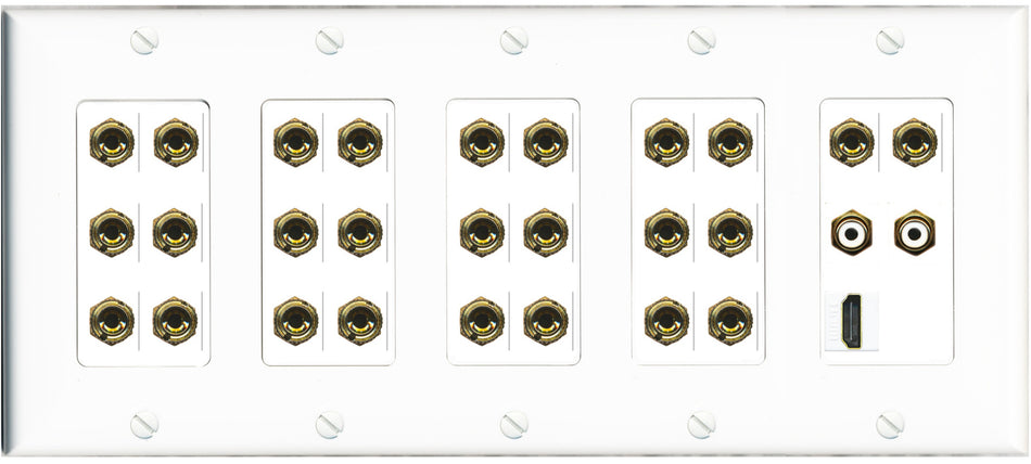 RiteAV 13.2 Surround Sound 13 Speaker 26 Banana Plug Jack Wall Plate w/ 2 RCA Subwoofer + 1 HDMI Female Connectors - 5 Gang [White]