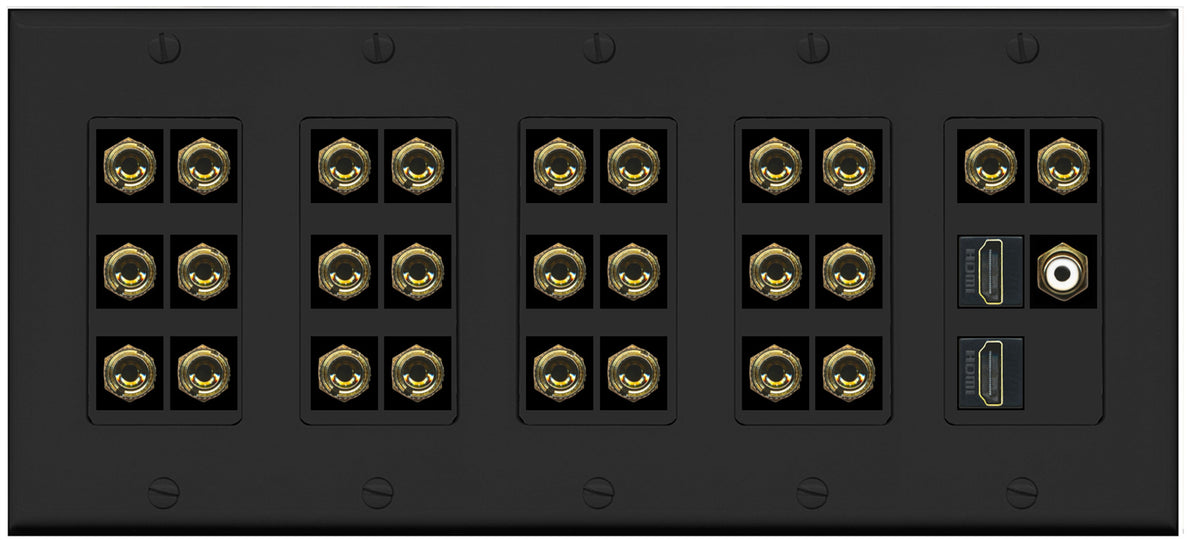 RiteAV 13.1 Surround Sound 13 Speaker 26 Banana Plug Jack Wall Plate w/RCA Subwoofer + 2 HDMI Female Connectors - 5 Gang [Black]