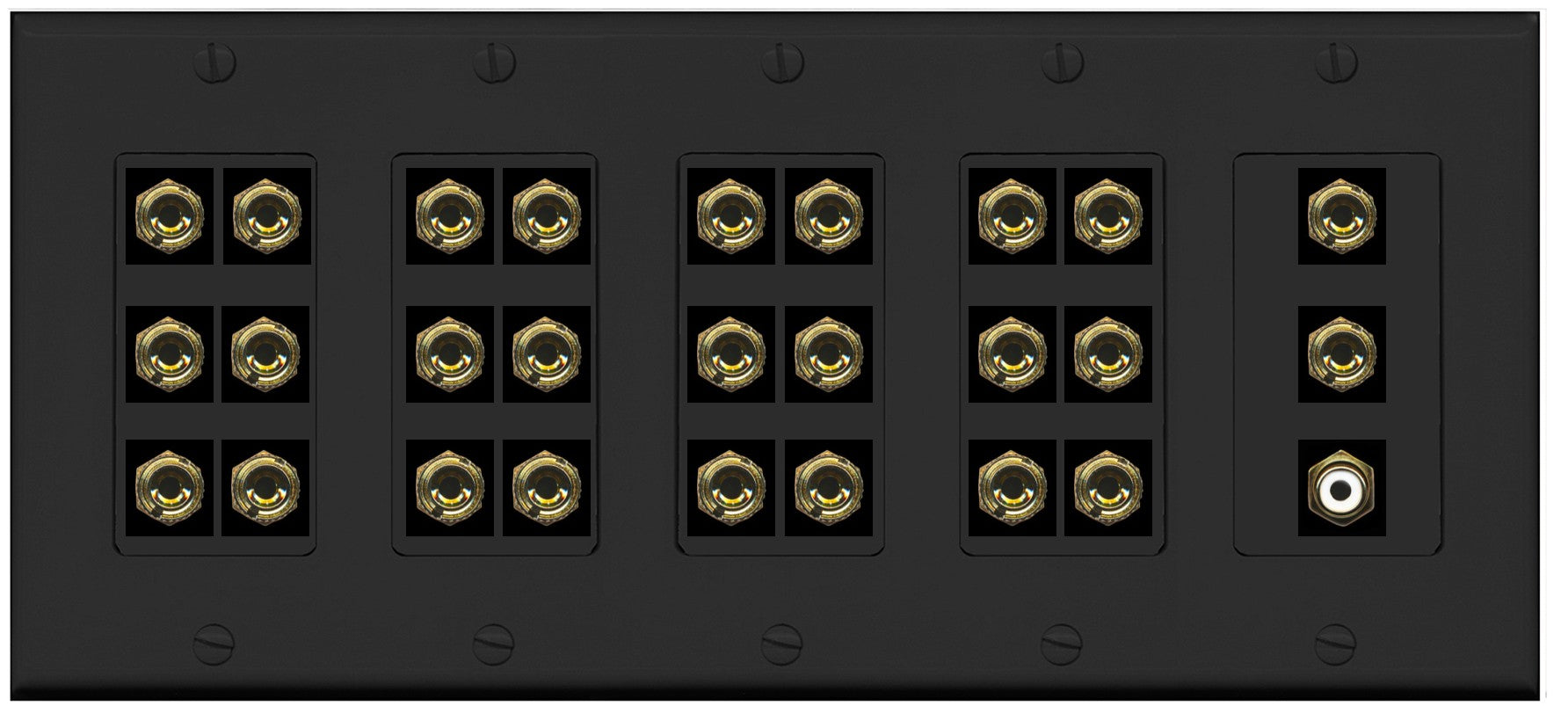 RiteAV 13.1 Surround Sound 13 Speaker 26 Banana Port Wall Plate w/RCA Subwoofer Female Connector - 5 Gang [Black]