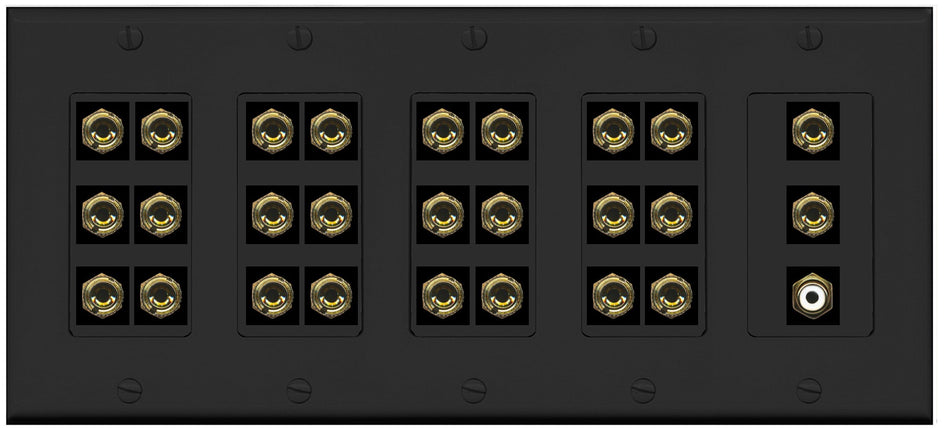 RiteAV 13.1 Surround Sound 13 Speaker 26 Banana Port Wall Plate w/RCA Subwoofer Female Connector - 5 Gang [Black]
