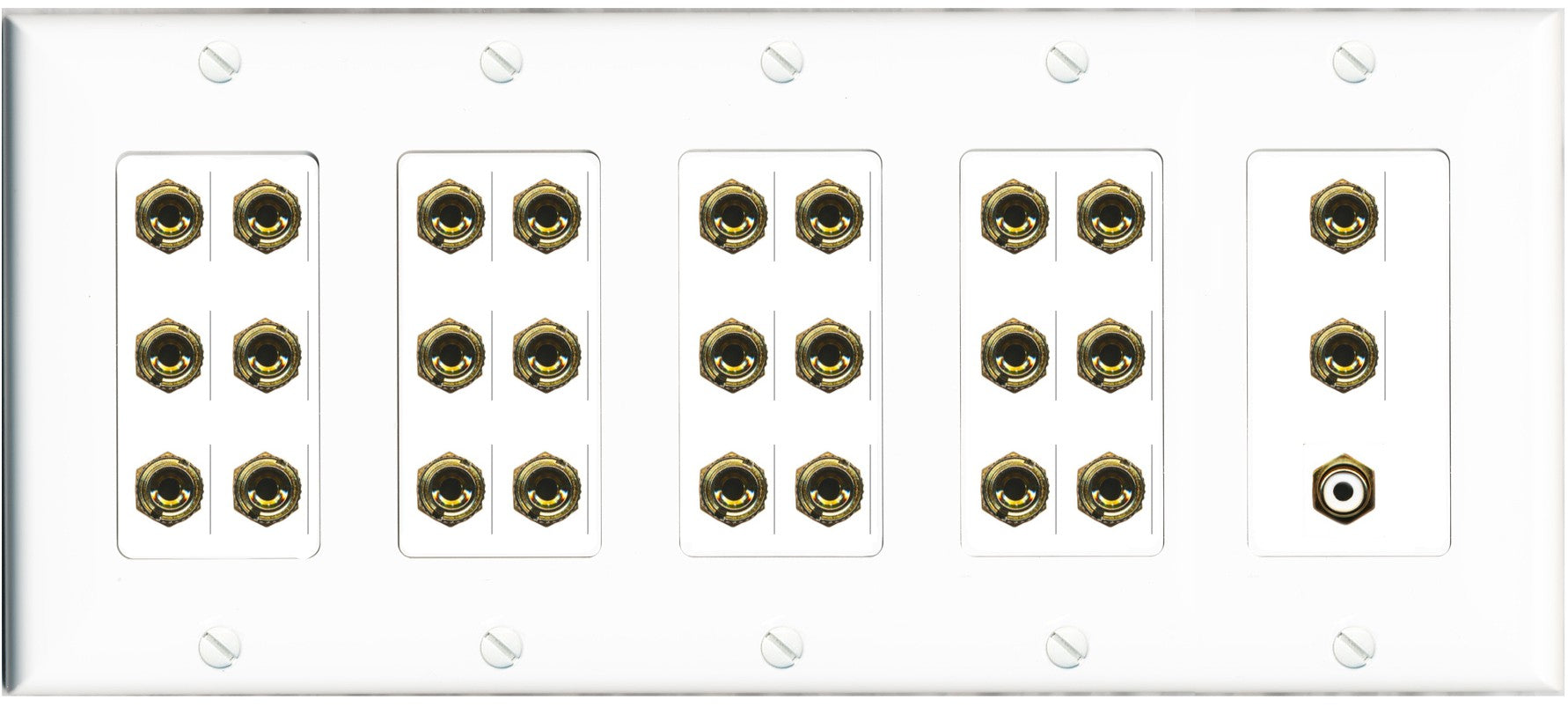 RiteAV 13.1 Surround Sound 13 Speaker 26 Banana Port Wall Plate w/RCA Subwoofer Female Connector - 5 Gang [White]